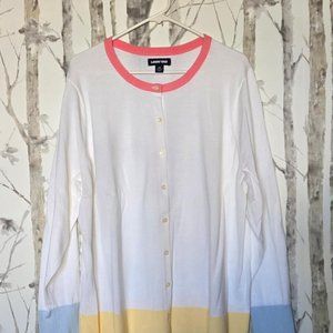 Land's End Fine Gauge Cotton Cardigan White W/Pink,Yellow,Blue Detail 2X